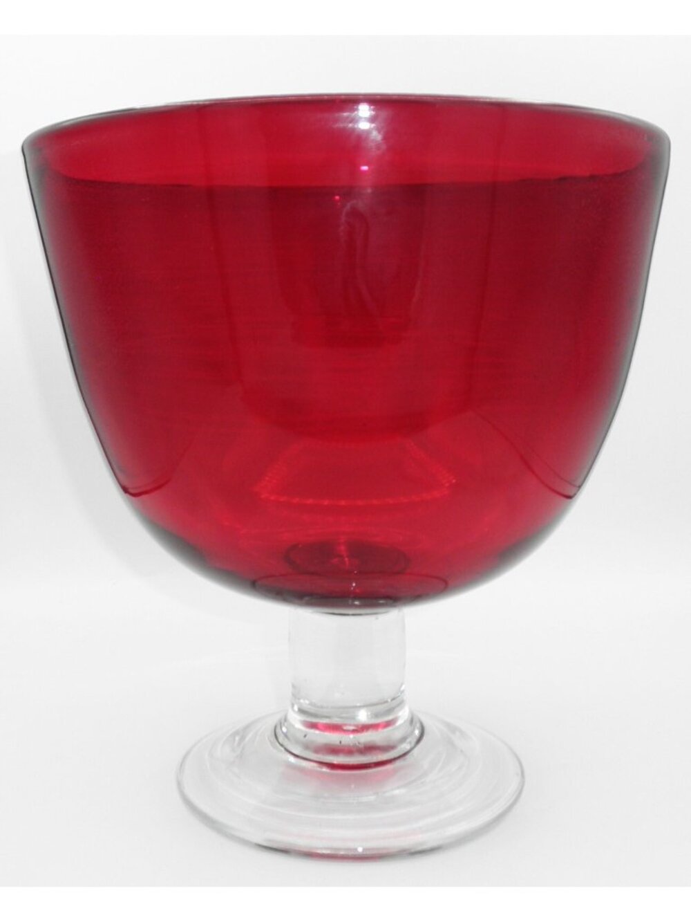 Ruby Red Blown Glass Footed Bowl XXL Clear Stem and Foot Serving Trifle Bowl